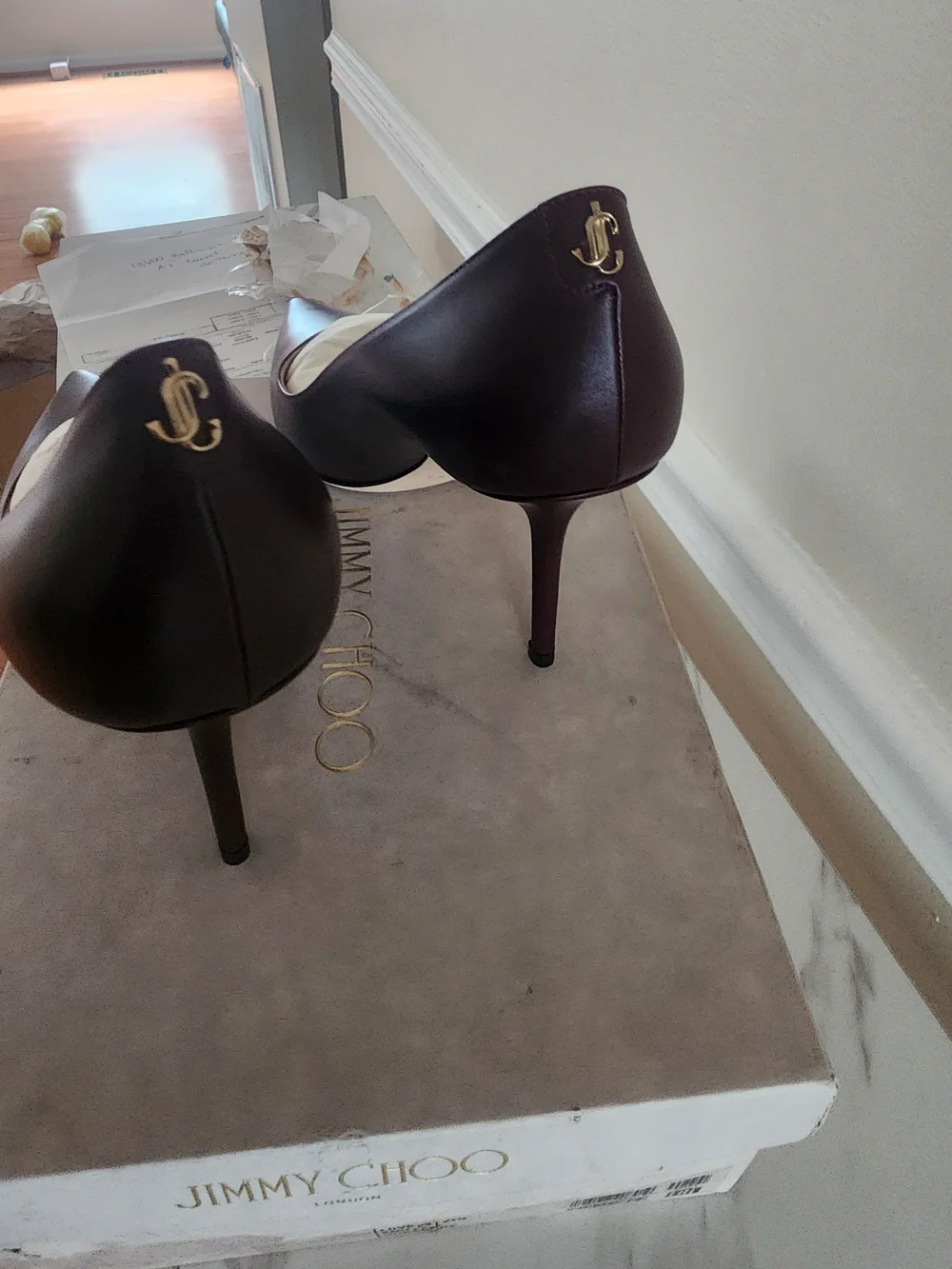 Jimmy Choo Pointed Toe Pumps in Burgundy with Gold Logo